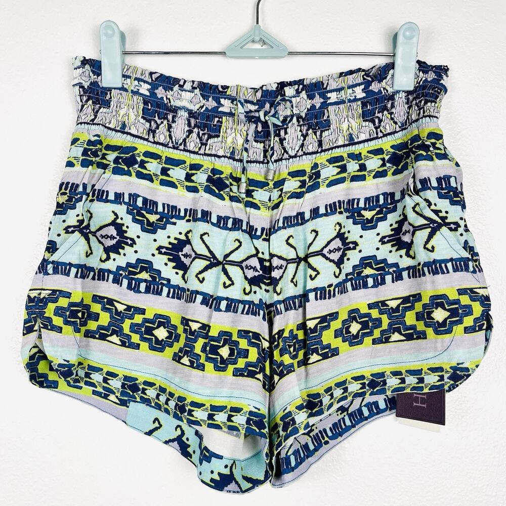 NWT Hale Bob Printed Blue Green Smocked Drawstring Elastic Waist Shorts Large